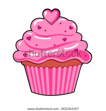 Cute vector icon cake with pink heart for Valentine day. Flat design element collection. Minimal cartoon illustration for design web banner and greeting card
