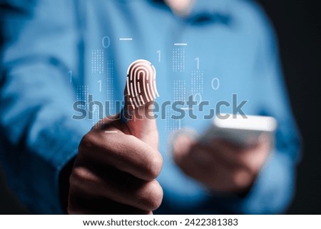 Person access security personal financial data on scan fingerprint identification, Cybersecurity and privacy to protect data. Biometric cyber security system and access control concept.