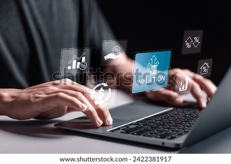 Inflation and tax concept. Person use laptop with virtual inflation rate icon for inflation problem, E-commerce business growth Rising food costs and grocery prices