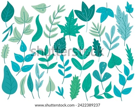 Green leaves and herbs hand drawn set. Collection of spring and summer greenery. Clip art botanical rustic elements for creating cards and design, isolated vector illustration