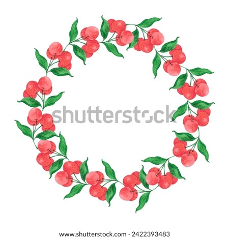 Hand drawn watercolor cherry with green leaves wreath border isolated on white background. Can be used for cards, label and other printed products