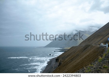 View of a beautiful black sand coastline from the road on a cloudy day, Iceland