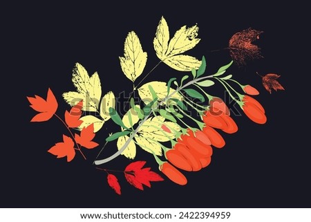 A vintage bouquet with hand-drawn flowers and leaves for invitations, greeting cards, posters, frames, weddings, decorations, and more. A combination of colored and contoured parts of the plant.