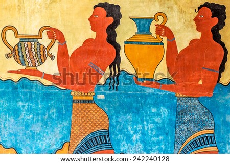 detail of the Procession Fresco at Knossos Palace in Crete, Greece  Royalty-Free Stock Photo #242240128