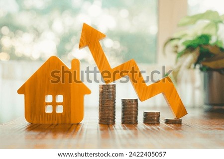 Wood house and row of coin money on wood table and , selective focus, Planning to buy property. Choose what's the best. A symbol for construction ,ecology, loan concepts
