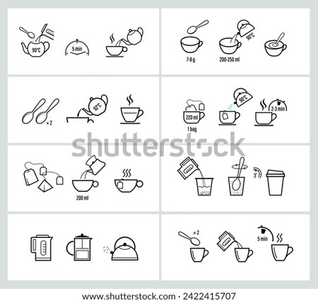 Set of methods of brewing tea and coffee. Preparation instructions. Vector elements for infographics. Set of sign for detailed guideline. Ready for your design. EPS10. Royalty-Free Stock Photo #2422415707