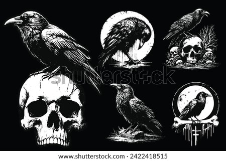 Set Dark Art Crows Raven Bird with Skull and Bones Grunge Vintage Old School Style illustration for Merch