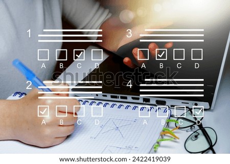   E-learning, education, online exam concept. Choose correct answer. Education internet online digital technology concept.                                