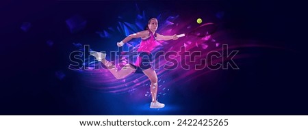 Poster. Athletic woman, tennis player hits ball with racket against dark blue polygonal background with pink neon and fluid elements. Concept of professional sport, competition, championship, energy.