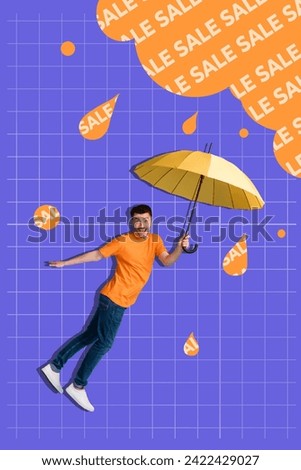 Vertical collage brochure young happy man hold umbrella flying discounts rain sales special offer retail season checkered background