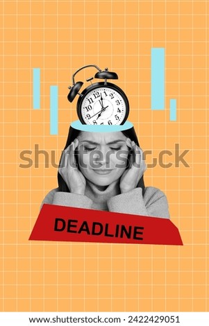 Vertical creative collage banner young upset woman morning awakening alarm bell ring regime punctuality headache pain migraine Royalty-Free Stock Photo #2422429051