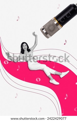 Creative vertical collage picture happy excited woman artist microphone singer vocalist party club performance karaoke fun