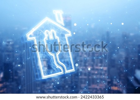 Abstract house and plug hologram on blurry city background with polygonal mesh. Smart home and innovation concept. Double exposure