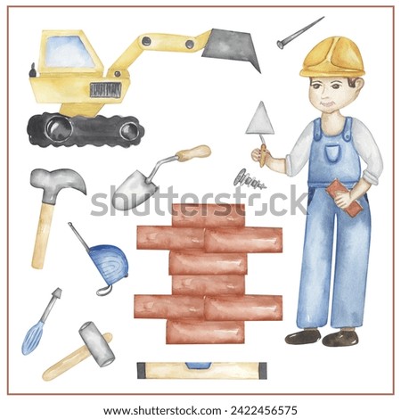 Watercolor builder clipart, hand drawn illustration. Man builder working, kids school card clip art, educational, cute children graphics with professions.