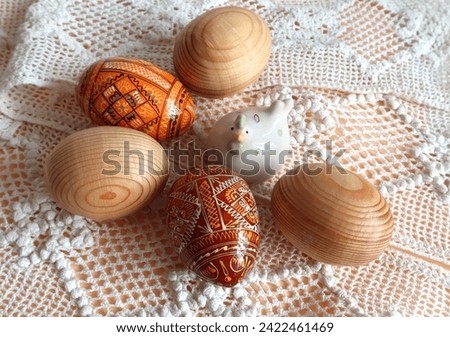 Background with hand crafted wooden easter eggs (pysanka) from  Ukraine