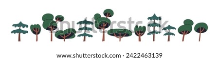 Trees set. Abstract forest plants in modern style. Green deciduous and conifer, fir. Spring crowns, trunks, branches. Nature elements. Botanical flat vector illustrations isolated on white background