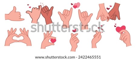 Colorful hand gestures, intertwined fingers, and heart-shaped signs symbolize concepts of love and friendship.