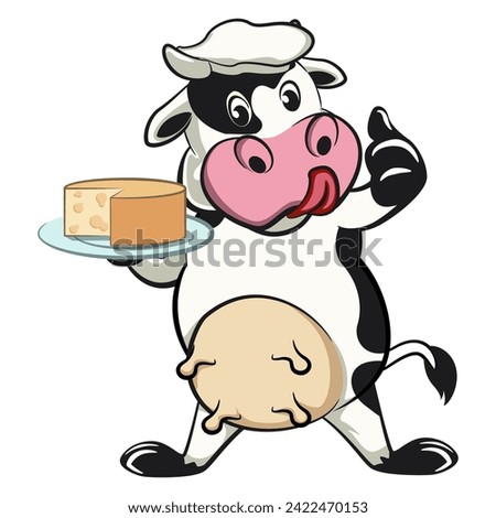 vector isolated clip art illustration of cute cow mascot chef with a big slice of delicious cheese, work of handmade