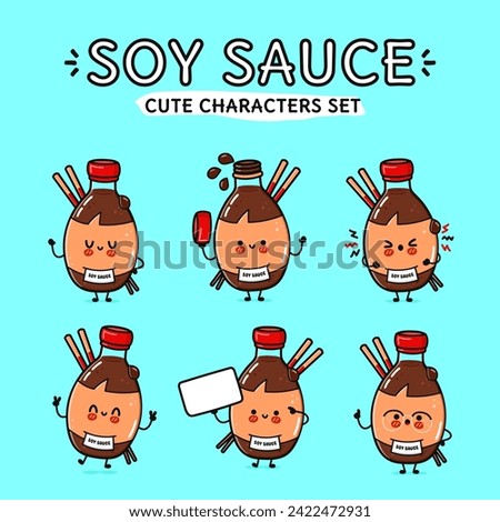 Funny cute happy Bottle of soy sauce characters bundle set. Vector hand drawn doodle style cartoon character illustration icon design. Isolated on blue background. Bottle of soy sauce character Royalty-Free Stock Photo #2422472931