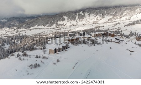 Hotels and Ski slopes at the Goderdzi ski resort in Georgia, Arsian Mountain Range. Winter snowy landscape. Georgia is in the winter in January. Winter landscape during the day. A snowy forest