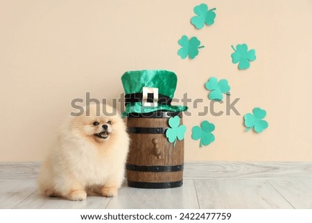 Cute Pomeranian dog with leprechaun's hat, clovers and barrel on beige background . St. Patrick's Day celebration