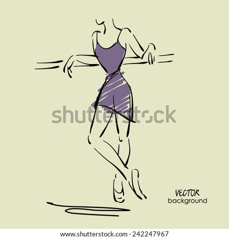art sketch of beautiful young ballerina in class at ballet barre. Vector.