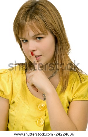young blonde woman going shut up, isolated