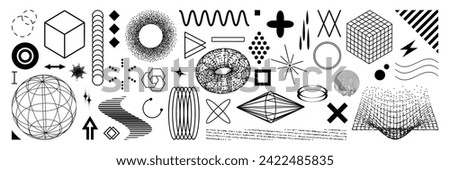 Set of graphic geometric assets with a bitmap elements. Vector modern shapes in Y2k aesthetic. Isolated illustration for stickers, poster, collage, design template. Royalty-Free Stock Photo #2422485835