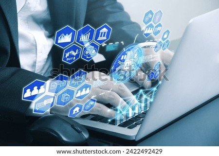 Businessman's hands are typing on notebook keyboard command work to AI , have hologram show AI dash board system , AI technology concept.   