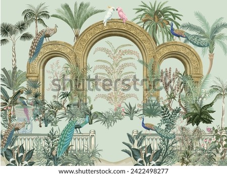 Traditional Greek Mughal garden, roman arch, parrot, bird seamless vector pattern, Watercolor Background. Royalty-Free Stock Photo #2422498277