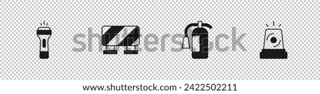 Set Flashlight, Road barrier, Fire extinguisher and Flasher siren icon. Vector