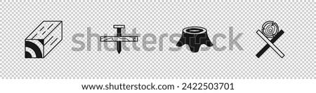Set Wooden beam, Metallic nail, Tree stump and logs on stand icon. Vector