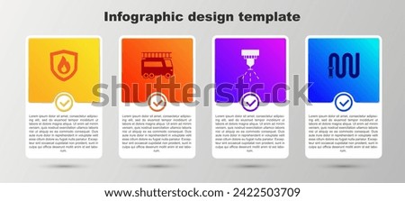 Set Fire protection shield, truck, sprinkler system and hose reel. Business infographic template. Vector