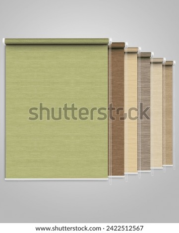 Roller blinds hang in a row. Assortment of colors for roller blinds.