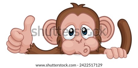 A monkey cartoon character animal peeking over a sign and giving a thumbs up