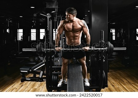 Young muscular man lifting a barbell bench press in the gym. Beautiful body, goal achievement, Sport as a way of life. Royalty-Free Stock Photo #2422520017