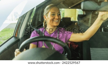 Nurse driving a car during the COVID-19 pandemic - lifestyle concepts. 