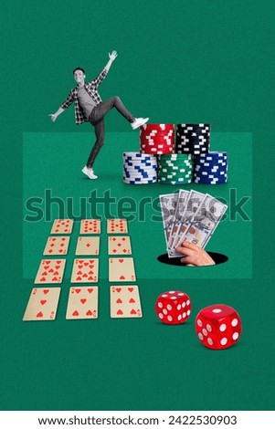 Collage graphics picture of funky guy playing casino winning money isolated green color background