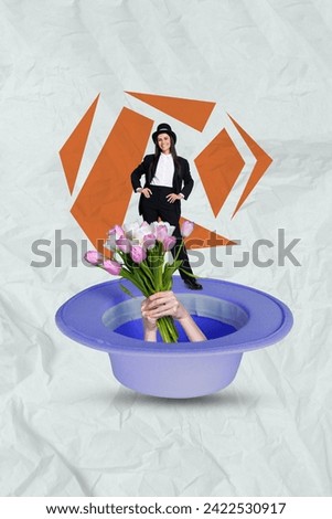 Collage artwork minimal picture of charming lady getting flowers bouquet present isolated graphical background