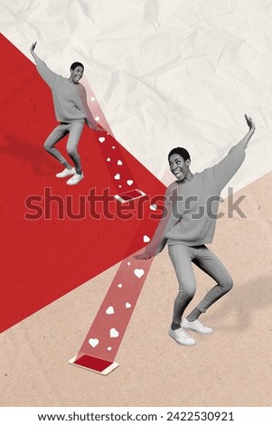 Vertical collage creative illustration image monochrome effect excited happy joyful young woman dance popular blog like colorful template Royalty-Free Stock Photo #2422530921