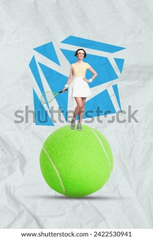Photo collage picture of happy smiling lady playing tennis standing big ball isolated graphical background