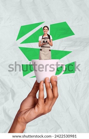 Photo sketch collage picture of smiling charming lady serving coffee inside big cup isolated graphical background