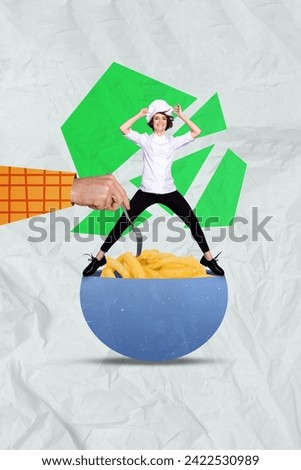 Photo cartoon comics sketch collage picture of funky lady serving frying potato bawl isolated graphical background