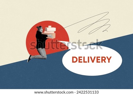 Collage creative illustration image monochrome effect excited happy smile young woman jump courier delivery unusual colorful banner Royalty-Free Stock Photo #2422531133