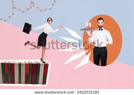 Creative drawing collage picture of girl office worker run dance enjoy friday waiter weird freak bizarre unusual fantasy billboard comics