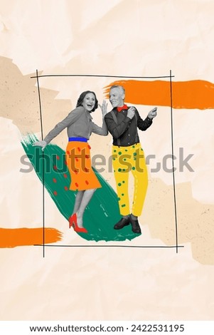 Photo collage artwork minimal picture of funky carefree couple dancing having fun isolated creative background