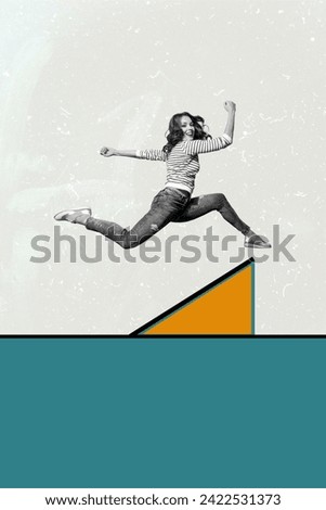Vertical collage poster illustration image black white filter peaceful joyful young woman levitation jump exclusive sketch white background