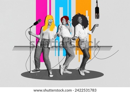 Photo collage creative picture group happy funky girls dancing sing vocalist pop music stage show performance drawing background