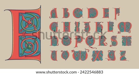 Alphabet initials with trailing vines of thistle plant. Medieval blackletter drop caps based on Bohemian manuscript. Romanesque style dim colors illuminated emblems. Decorative wax seal monogram logo. Royalty-Free Stock Photo #2422546883