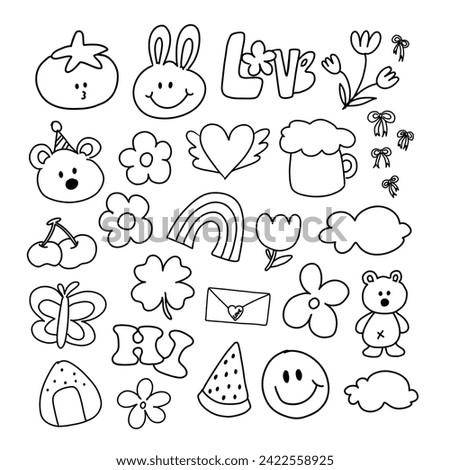 Kid drawing style outlines of animals, flowers, fruits and summer picnic elements for colouring book, stickers, logo, icon, clip arts, tattoo, decorations, print, card, social media, clothing, symbol
